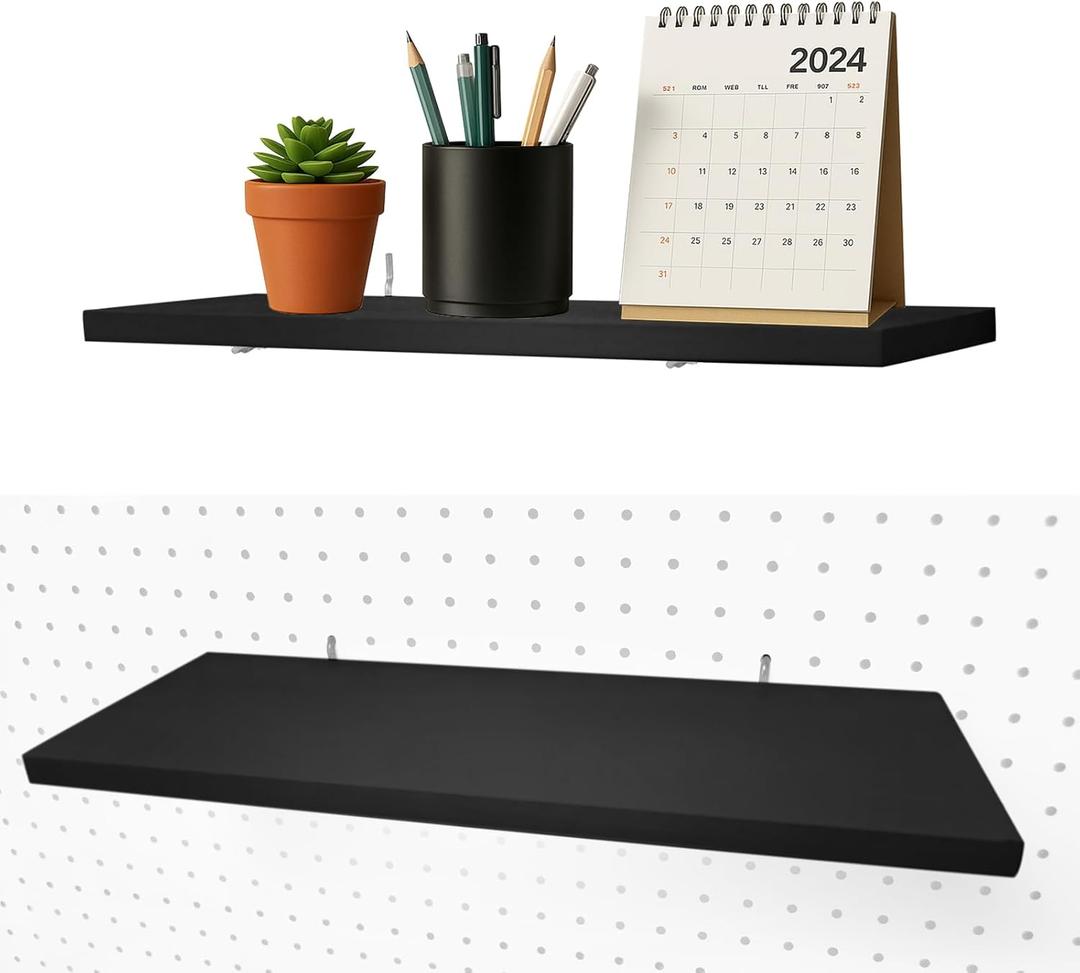 Pegboard Shelves, 16" x 6" Large Peg Board Racks 2Pack Wall Organizer Shelf, 1/4inch Heavy Duty Metal Brackets Fit All Pegboards, Wood Slats, Craft Garage Workbench Office Shelving Accessories (Black)