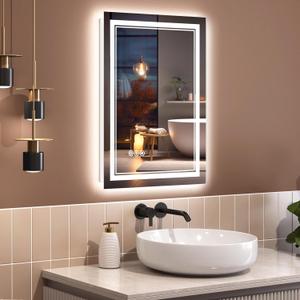 26x32 Inch Bathroom Mirror with Lights, CRI 90+, 3 Colors, Dimmable, Front and Backlit, Top Tempered Glass with Acrylic Side, Anti-Fog, Rotatable LED Mirror for Bathroom, Memory Function