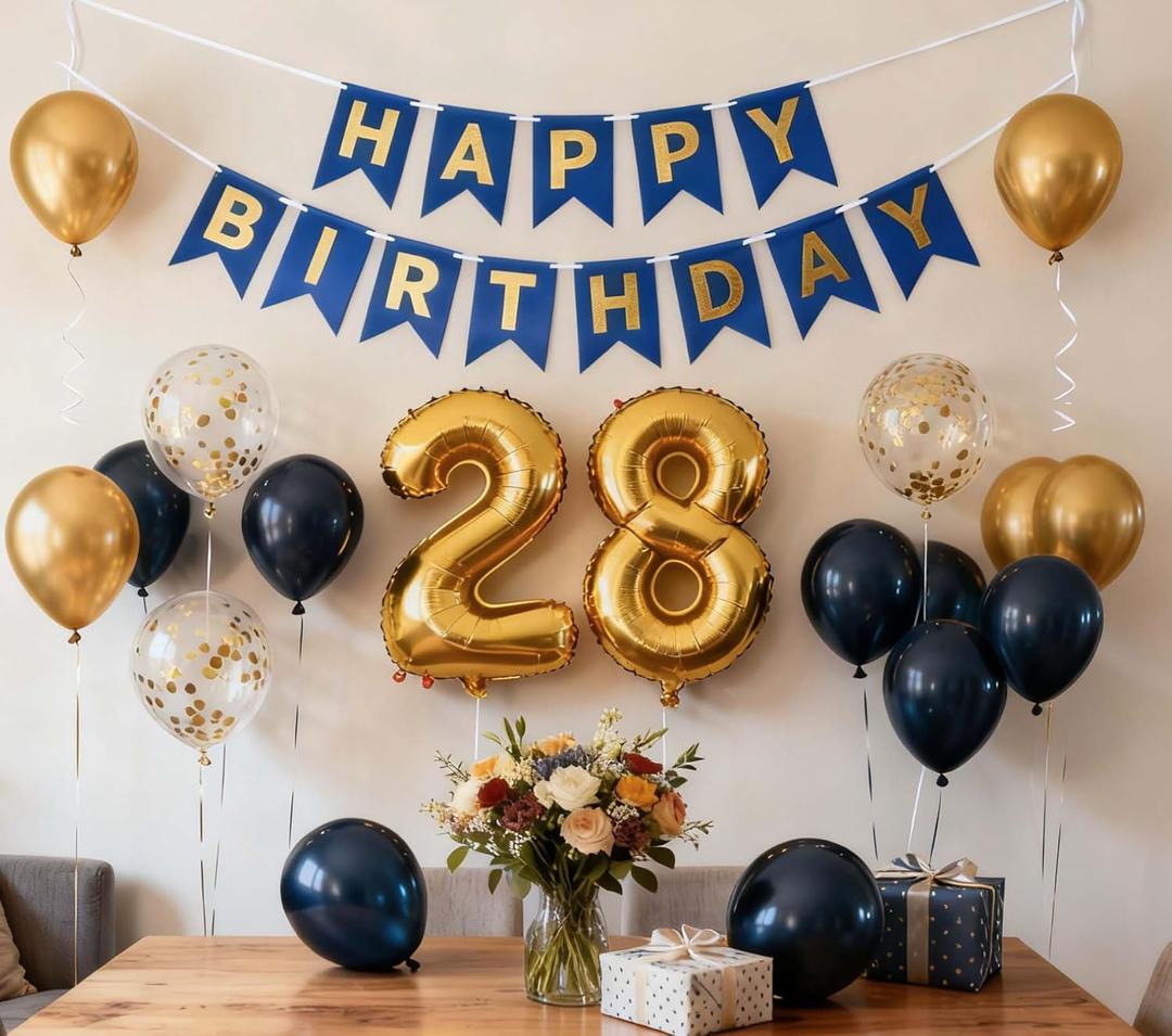 28th Birthday Decoration for Men, Navy Blue Gold 28th Party Balloons Supplies, 28th Happy Birthday Banner Number 28 Foil Metallic Confetti Balloons for Men Him Women Her 28th Birthday Party(28th)