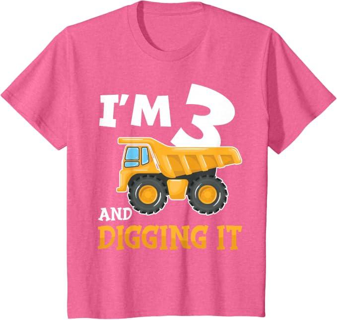 Kids Three 3yr 3rd Birthday Construction Boy 3 Years Old T-Shirt (Red, 3T)