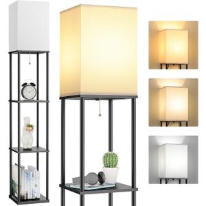 Floor Lamp with Shelves, 3-Tier Modern Square Bookshelf Standing Lamp Black