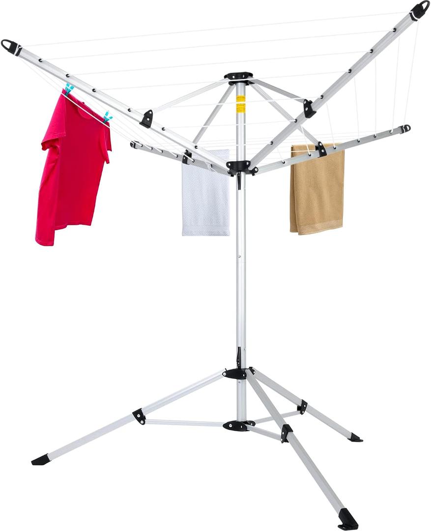 JS HANGER Drying Natural Clothes Airer Outdoor Portable 4-arm Aluminum Drying Rack w/Ground Stake, Carry Bag, 28-Lines with 65 ft. Umbrella Clothesline