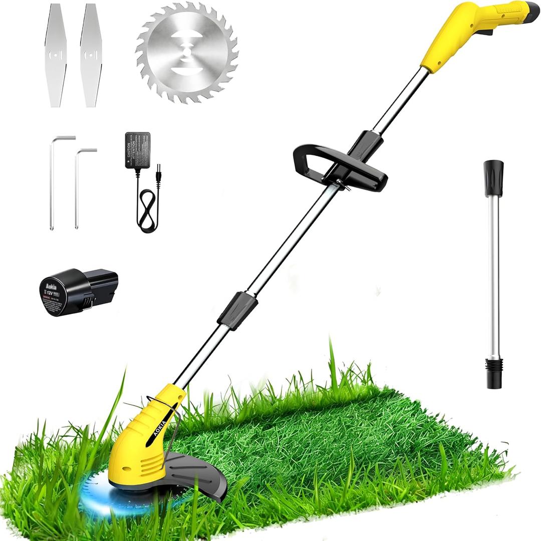 Aokia Electric Weed Wacker Cordless, 12V Battery Powered Weed Eater Cordless with Adjustable Pole (65inch), Lightweight Grass Trimmer Cutter/Edger/Mower with 2 Types Blade for Garden and Yard Lawn-Y