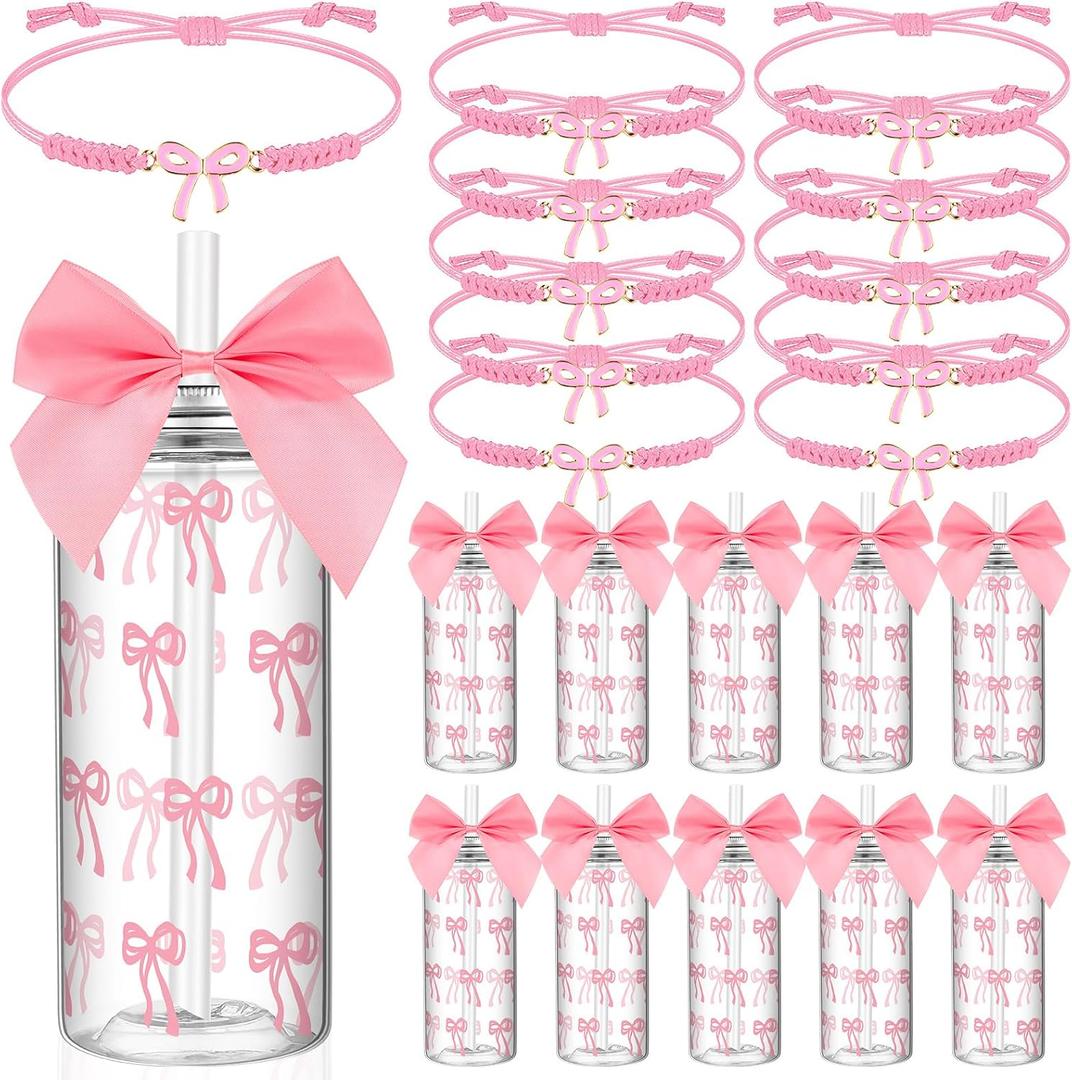Yungyan Pink 36 Pcs Bow Plastic Cups with Lids and Straws Coquette Bow Bracelets Clear Reusable Soda Bar Party Drinking Cups for Wedding Baby Shower Birthday Party Supplies