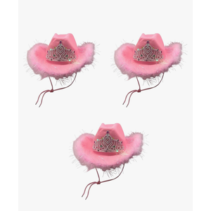 Pink Cowboy Hat - Sequins & Tiara Light -Up Blinking Western Cowgirl Hat with Boa Feathers with Paisely Pink Bandanas Princess Queen 3 Pack, Pink, 7 1/4