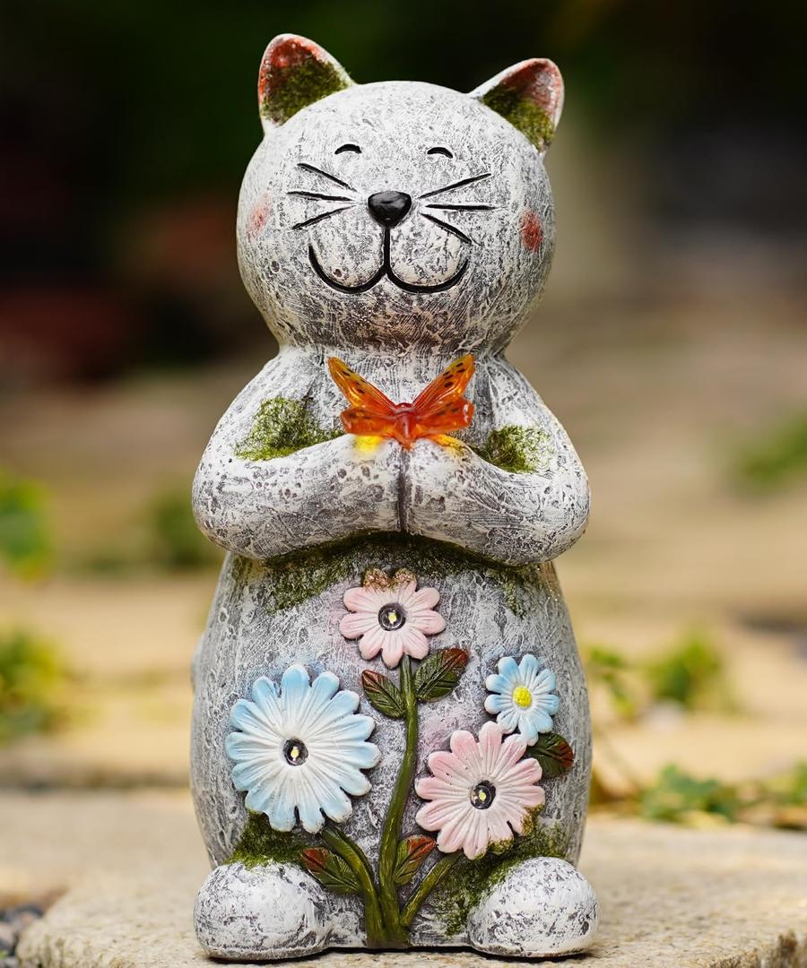 Solar Garden Statue Cat Figurine  Outdoor Decoration with Butterfly for Garden Yard Lawn Home Decor Outside : Unique Gifts for Mom Grandma (Retro)
