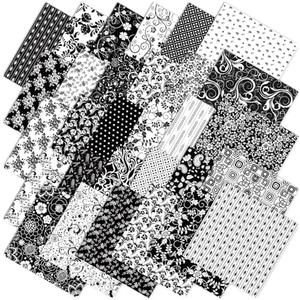 Whaline 60Pcs Flower Cotton Fabric Bundles Black White Floral Fabric Squares Flower Leaves Sewing Fabrics for DIY Handmade Crafting, 10 x 10 Inch