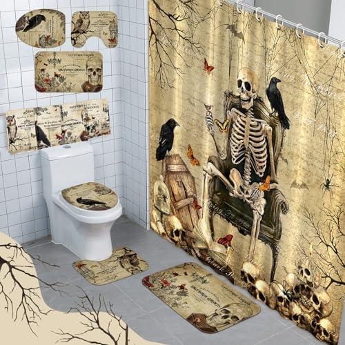 FuWeave 8 Pcs Gothic Shower Curtain Set for Bathroom Include Vintage Skeleton Towels Non Slip Skull Rugs Toilet Lid Cover Spooky Spider Web Bath Mat and 12 Hooks for Gothic Bathroom Decor : Home & Kitchen