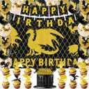 42pcs Dragon Birthday Party Decorations Includes Cake Toppers,Cupcake Toppers, Banner, Backdrop, Balloons - Black Gold Dragon Theme Party Supplies Set for Baby Shower