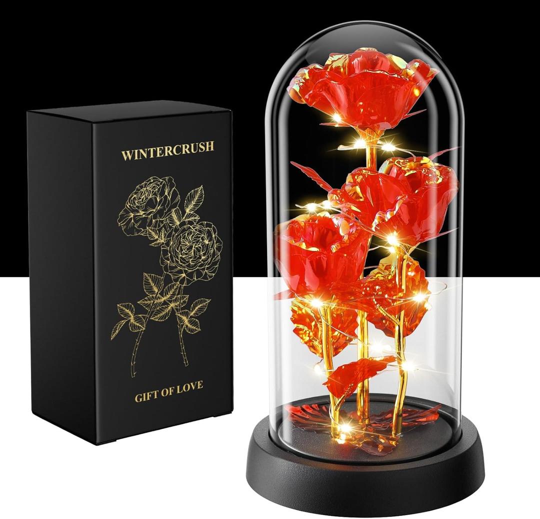 WINTERCRUSH Premium Light-Up Glass Rose - Perfect Birthday,Mother's Day,Valentine's for Women,Mom,Wife,Grandma,or Girlfriend - Colorful Rainbow Rose,Ideal for Home Decor (Red)