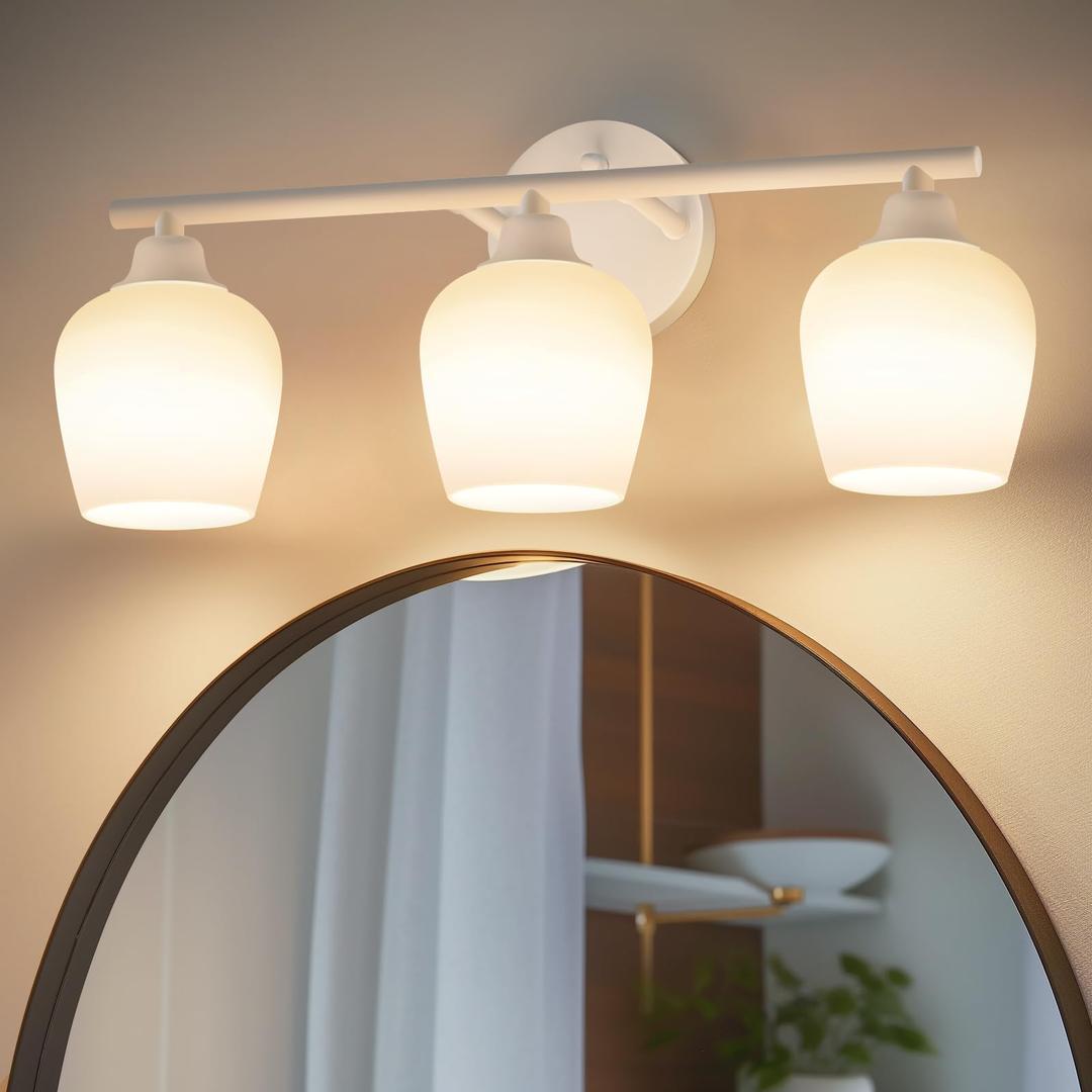 ONEWISH Bathroom Light Fixtures - Modern Wall Sconces 3 Light Black, Wall Lamp for Vanity Light Over Mirror, Opal Glass Globe Lamp for Bedroom, Living Room, Hallway, E26 Socket Bulb NOT Included