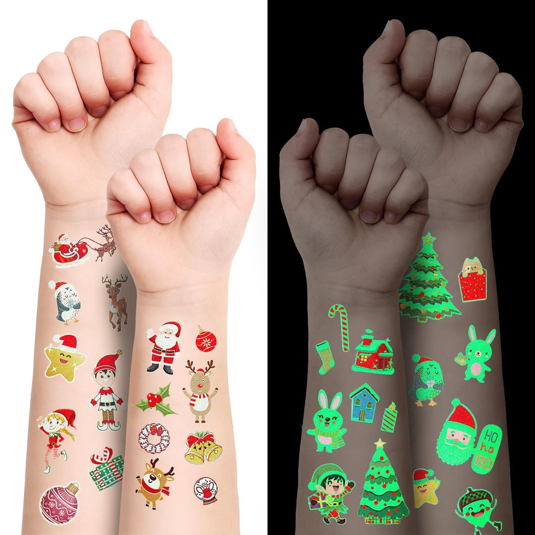 X-Protector hristmas Tattoos for Kids - 10 Sheets of Temporary Tattoos - Fake hristmas Tattoos Gifts - Glow in the Dark Stickers - Bulk Christmas Stocking Stuffers for Kids!