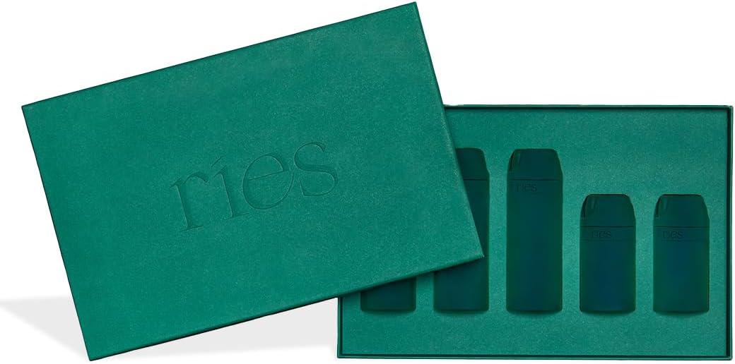 Refillable Toiletry Travel Bottles – Set of 5 (3.4oz & 1.7oz) Airless Pump Containers for Shampoo, Conditioner, Body, Face – Leak-Proof, TSA-Approved, Dishwasher Safe- Escapade Green with Gift Box