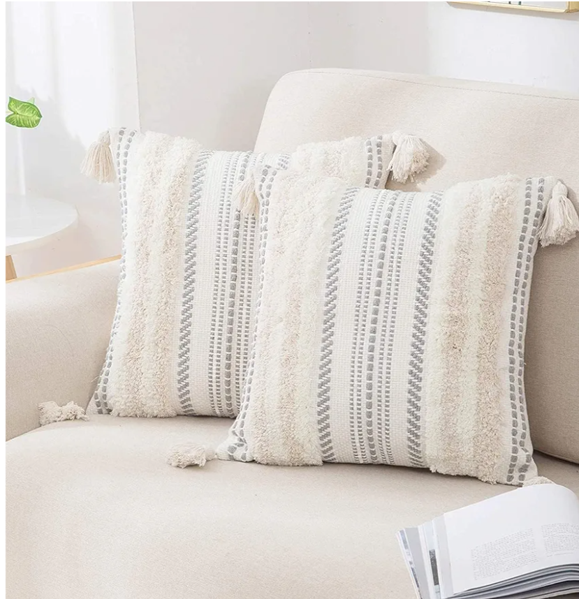 decorUhome Decorative Boho Throw Pillow Covers 18x18 Set of 2, Accent Neutral Textured Tufted Pillow Covers Striped for Couch Bed Sofa Living Room, Beige and Cream White