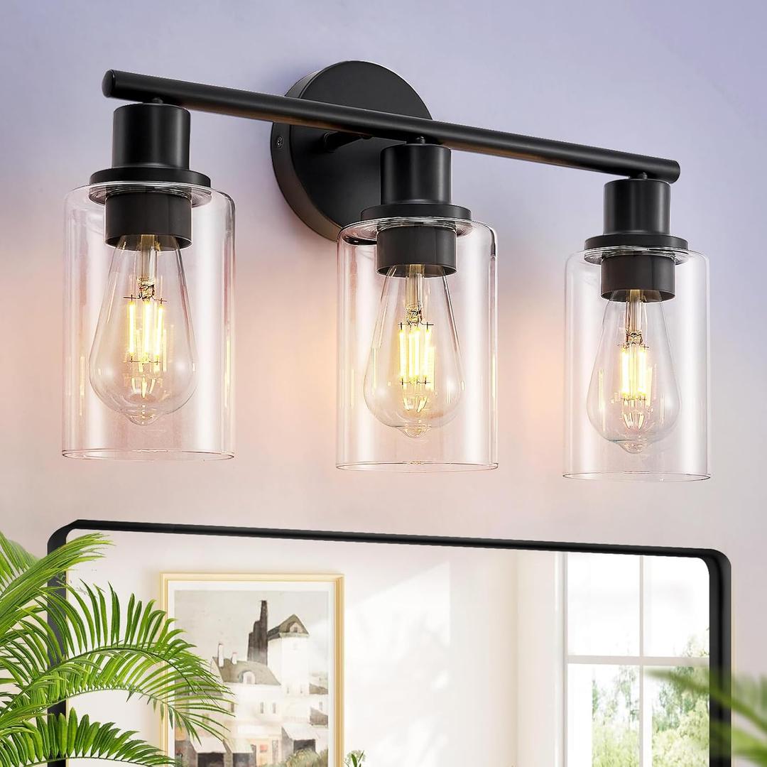 DLLT 3-Light Bathroom Light Fixtures: 18.51" Black Modern Vanity Lights with Clear Glass Shade - Bathroom Wall Lamp for Mirror Kitchen Living Room Hallway Cabinet Porch