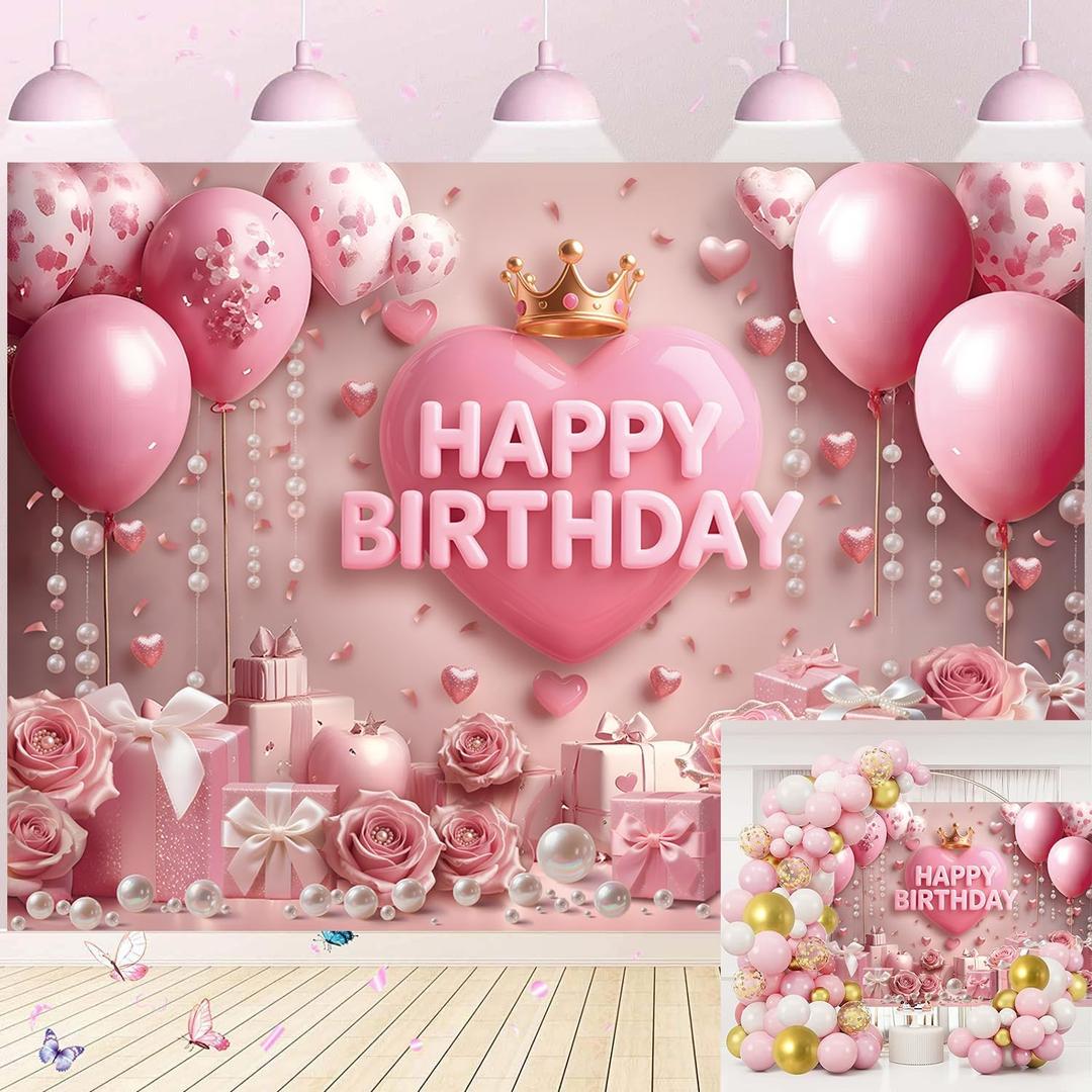 Pink Happy Birthday Backdrop Rose Gold Floral Heart Crown Balloon Elegant Photography Background Girls Princess Women Birthday Baby Shower Party Decor Banner Photo Supplies (7x5FT)