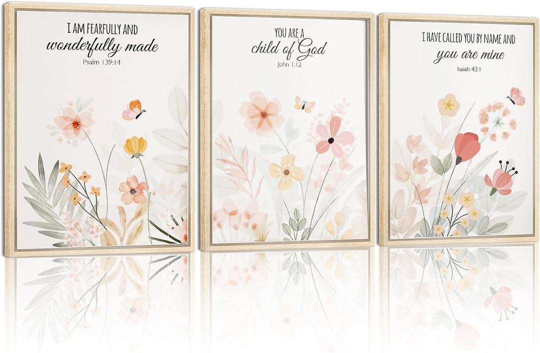 3pcs Framed Floral Wall Art Pieces, Christian Art, Bohemian Wall Decorations, Inspirational Bible Verse Canvas Paintings, Wildflower Patterns, For A Girl'S Room And Living Room, 16x24 Inch