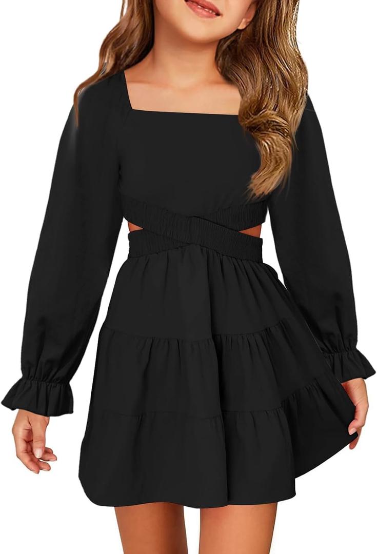 Haloumoning Girls Dresses Long Sleeve Square Neck Crossover Waist Casual A-Line Spring Fall Dress 5-14Y (S)