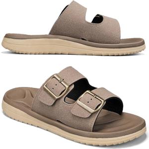 Mens Sandals Adjustable Buckle Straps with Arch Support Lightweight Comfort Beach Sandals Soft Cushion Footbed Summer Slippers Open Toe Slides for Indoor and Outdoor (6, Khaki)