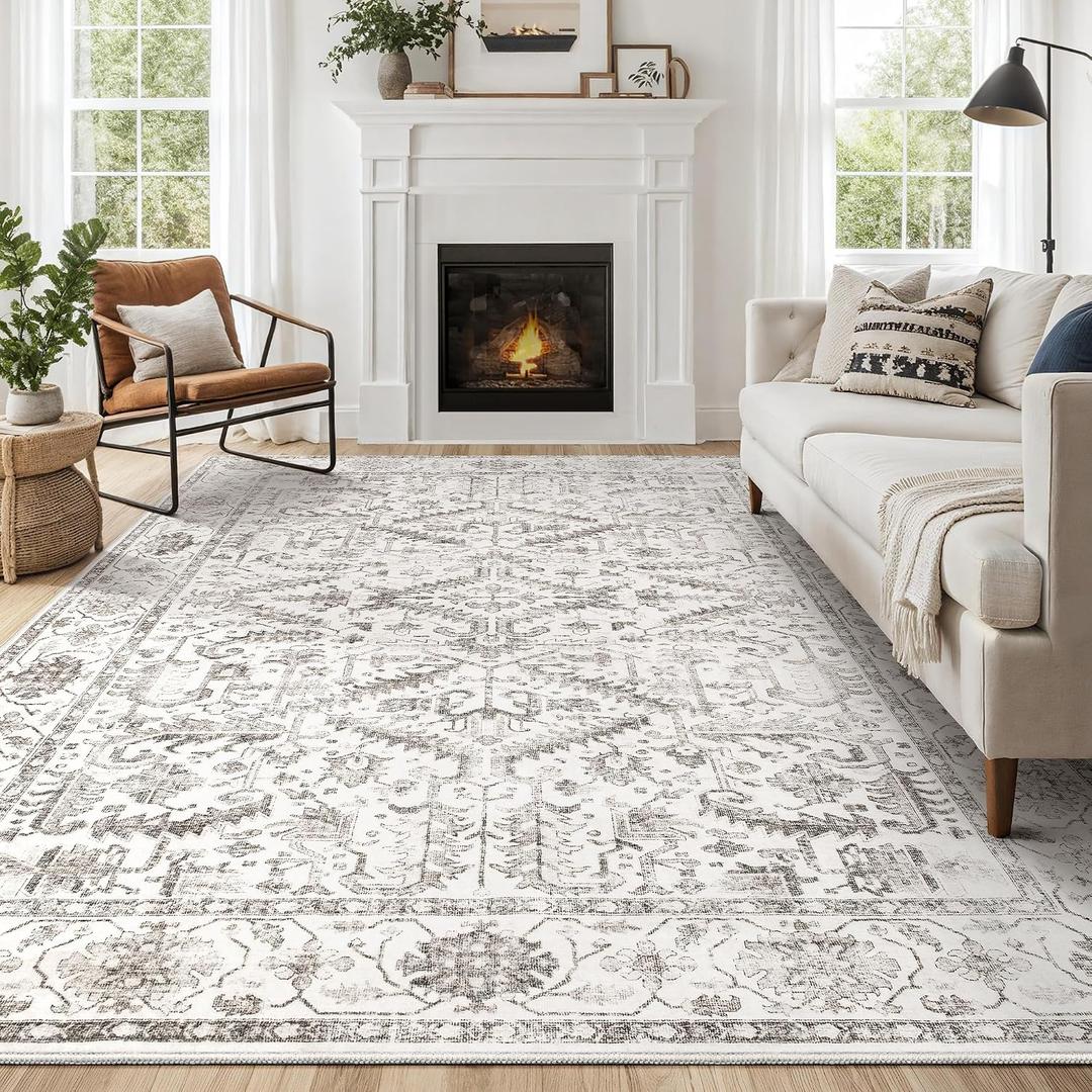 Area Rugs 5x7 for Living Room - Washable Soft Large Vintage Rug Non-Slip Stain Resistant Traditional Stain Resistant Indoor Floor Low Pile Carpet for Bedroom Dining Room or Home Office - White