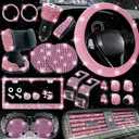 NBTEPEM 27-Piece Bling Car Accessories Set - Universal Fit Steering Wheel Covers, License Plate Frames, Phone Holder, Car Fast Charger, Coasters (Pink)