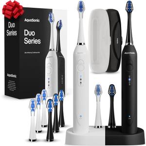 Aquasonic Duo - Dual Handle Ultra Whitening 40,000 VPM Wireless Charging Electric ToothBrushes - 3 Modes with Smart Timers - 10 Dupont Brush Heads & 2 Travel Cases Included