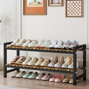 Shoe Rack Organizer for Small Spaces 2Tier Long Narrow Shoe Stand, Closet Shoe Rack, Small Shoe Shelf for Closet Entryway Corner Garage and Bedroom Front Door  Shoe Storage Combining Wood and Metal