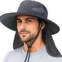PFFY Sun Bucket Hats for Men Women Fishing Hat UV Protection Wide Brim Beach Safari Hat with Neck Flap (Black)