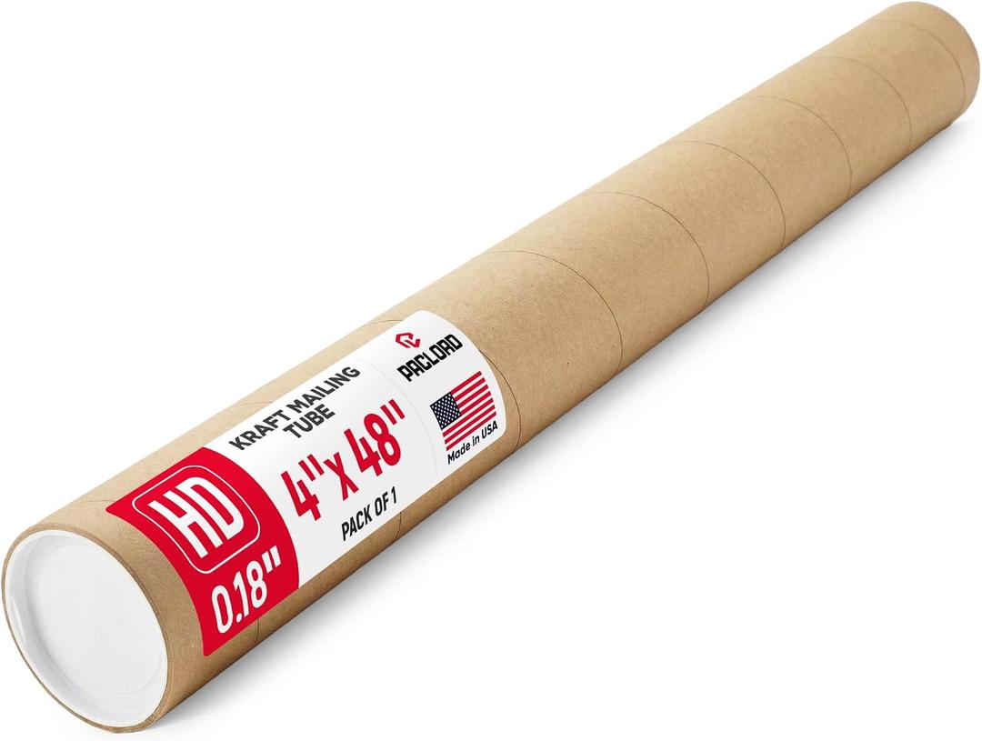 4" x 48" Heavy-Duty Reinforced Cardboard Mailing Tube, Pack of 1 Tube with 2 Caps – Secure USPS Approved – Great for Shipping and Storing of Prints, Artwork, Posters or Documents