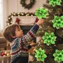 Zeyune 15 Pack Green Poinsettia Flowers Glitter Artificial Christmas Poinsettia Decor 5.5'' Plush Flowers Picks with Clips and Stems DIY for Xmas Tree Wreath Holiday Home Party Decor(Green)