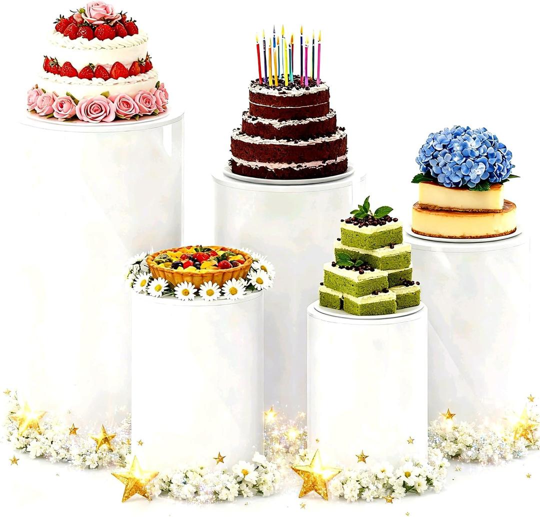 5 Pcs Thickened PVC Cylinder Pedestal Stands White Round Large Cylinder Tables Dessert Cake Table Display Pillars for Party, Wedding, Birthday, Babyshower Decoration
