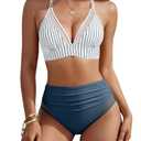 Blooming Jelly Womens High Waisted Bikinis Sets Tummy Control Swimsuits Curvy 2 Piece 2026 Bathing Suit (L, Stripe Blue)