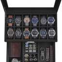 SONGMICS 12-Slot Watch Box, Lockable Watch Case with Glass Lid, 2 Layers, with 1 Drawer for Rings, Bracelets, Gift Idea, Black Synthetic Leather, Black Lining UJWB012B03 (Black + Black)
