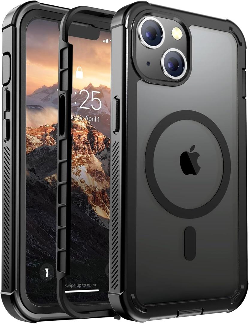 for iPhone 14 case, with [Compatible with MagSafe][Military Grade Drop Protection][Heavy Duty Protection][Non-Slip][Shockproof] with 2-Layer Durable Bumper Phone Case 6.1''-Black