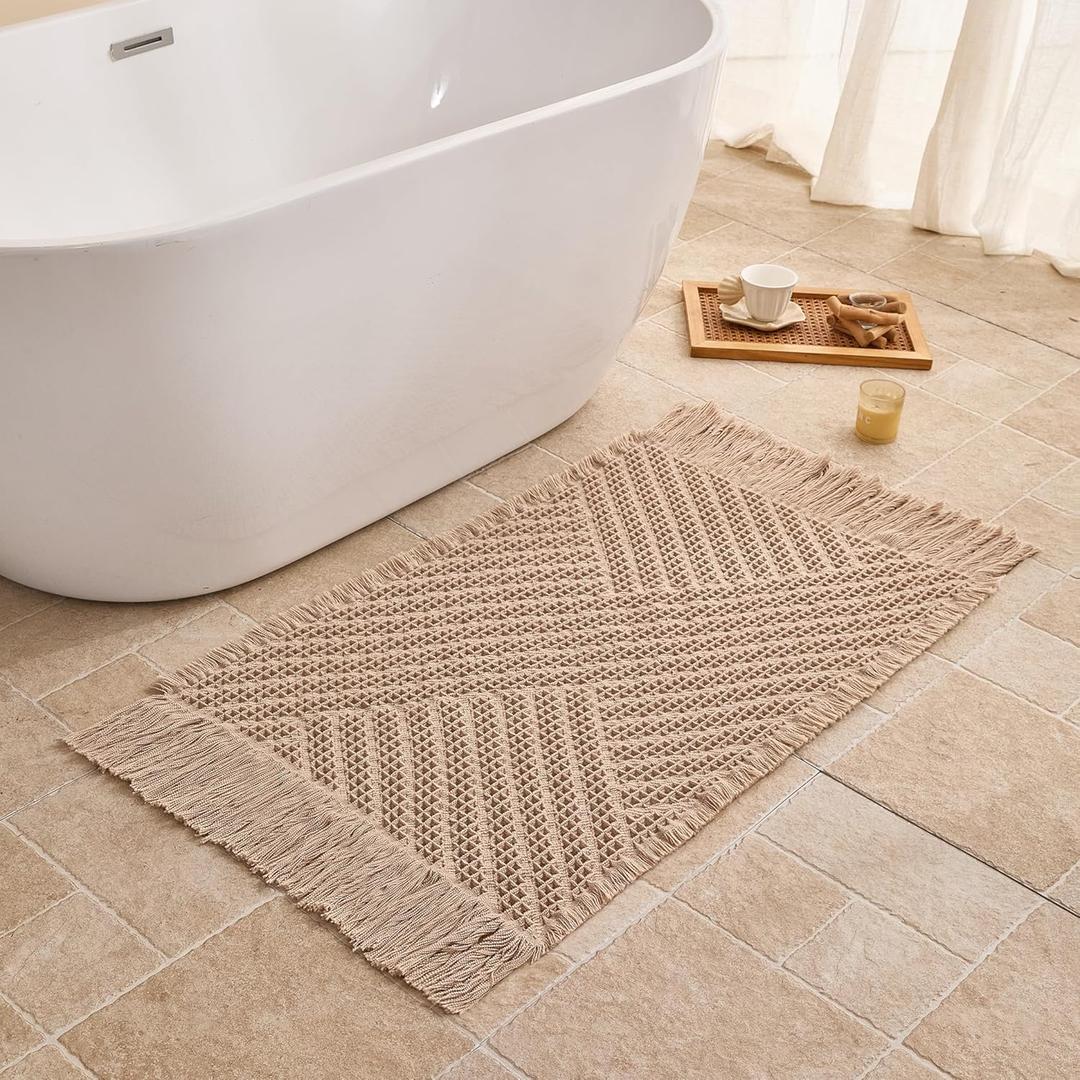 Waffle Bath Mat Non Slip, Boho Bathroom Rug, Super Absorbent Quick Dry Bathroom Mat, Soft Farmhouse Bath Rug with Tassels, Small Washable Shower Mats for Floor 20"x32", Tassels Brown