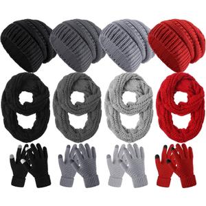 Suhine 16 Pcs Winter Beanie Hat Scarf Gloves Set Women Winter Knitted Hat Circle Scarves Touchscreen Gloves Earmuffs (Gray, Black, Dark Gray, Wine Red)