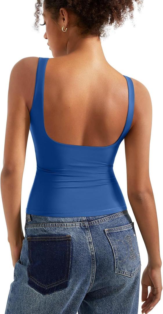 SUUKSESS Women Padded Open Back Boat Neck Tank Tops Double Lined Basic Shirts (Blue, L)