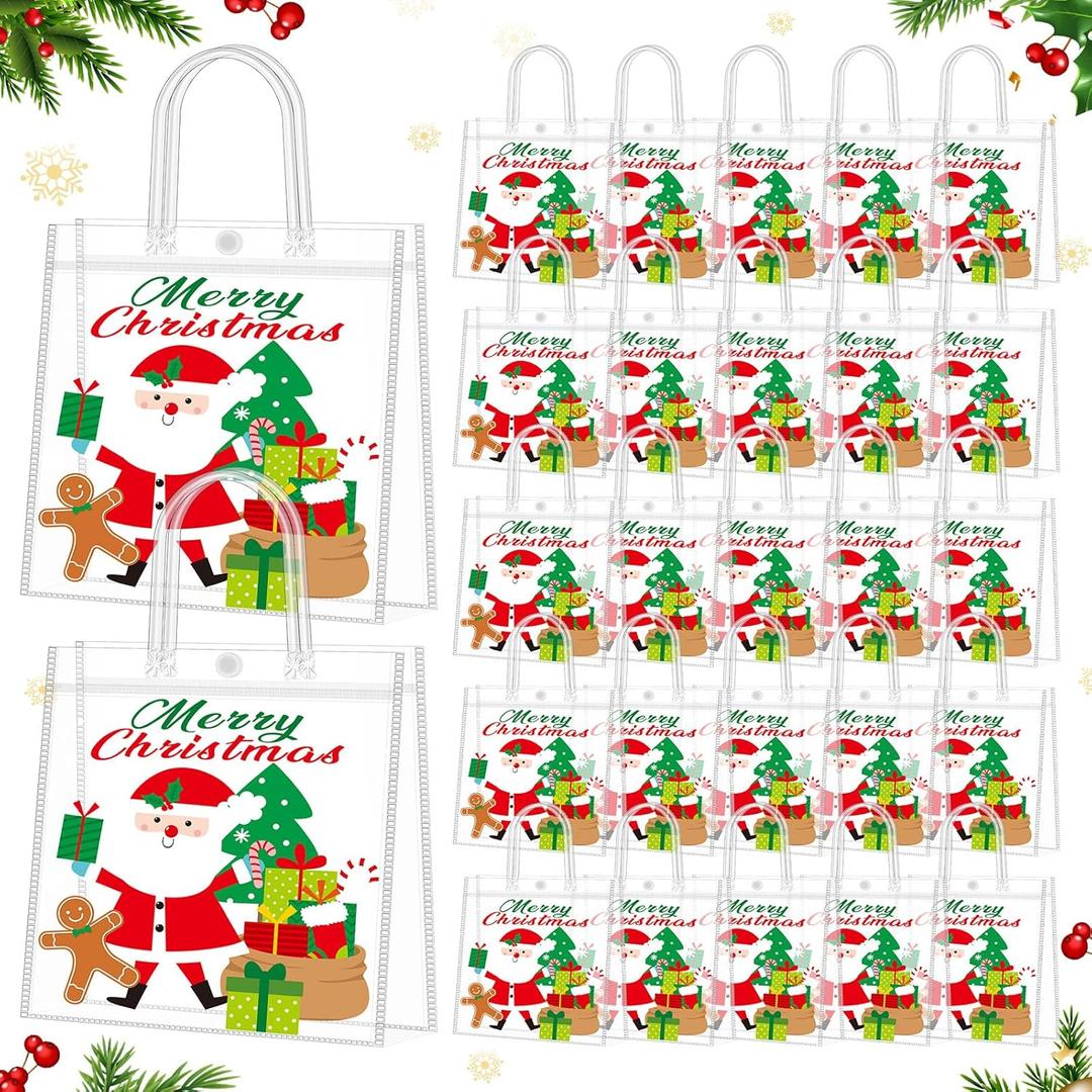 Supervitae 36 Pcs Christmas Santa Claus Clear Gift Bags with Handle Plastic PVC Xmas Tree Gingerbread Goodies Bag Treats Candy Totes for Winter Holiday Party Supplies, 8 x 8 x 3.15 Inch