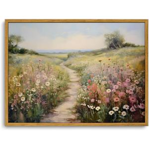 KISSFOX Vintage Wild flower Path Landscape Canvas Wall Art Spring Farmhouse Nature Floral Framed Wall Art Rustic Cottagecore Botanical Painting Art Prints Artwork For Living Room Bedroom Kitchen (12x16 in)