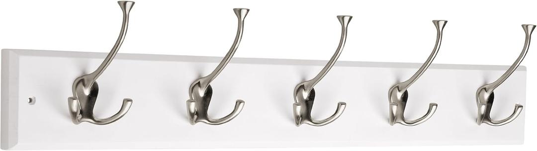 Liberty Hardware 129848 Wall Mounted Coat Rack with 5 Decorative Hooks, 27-Inch, Satin Nickel and White