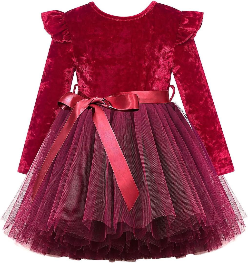 UNICOMIDEA 1-6T Toddler Velvet Dress Little Girls Tutu Tulle Crewneck Long Sleeve Holiday Party Fashion Dresses (4-5T, Burgundy Red)