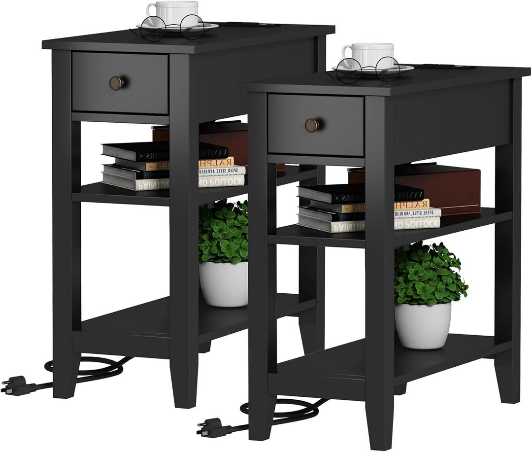 ChooChoo Black End Table Set of 2, Sofa Side Table Living Room with Charging Station, Narrow Night Stand with USB Ports & Power Outlets and Hidden Drawer