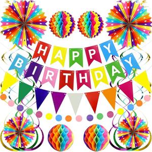 Happy Birthday Banner, Rainbow Birthday Banner, 6 Honeycomb Balls, 8 Metallic Hanging Swirls and Circle Parper Garland, Happy Birthday Decorations