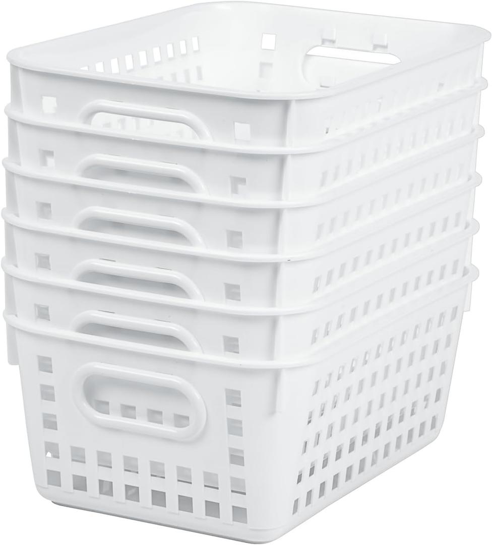 Really Good Stuff Medium Plastic Book Baskets, 11" x 7.5" x 4.5", 6 Pack, White, Versatile Storage Solution for Classroom, Home and Office, Toy Storage, Multi-Purpose