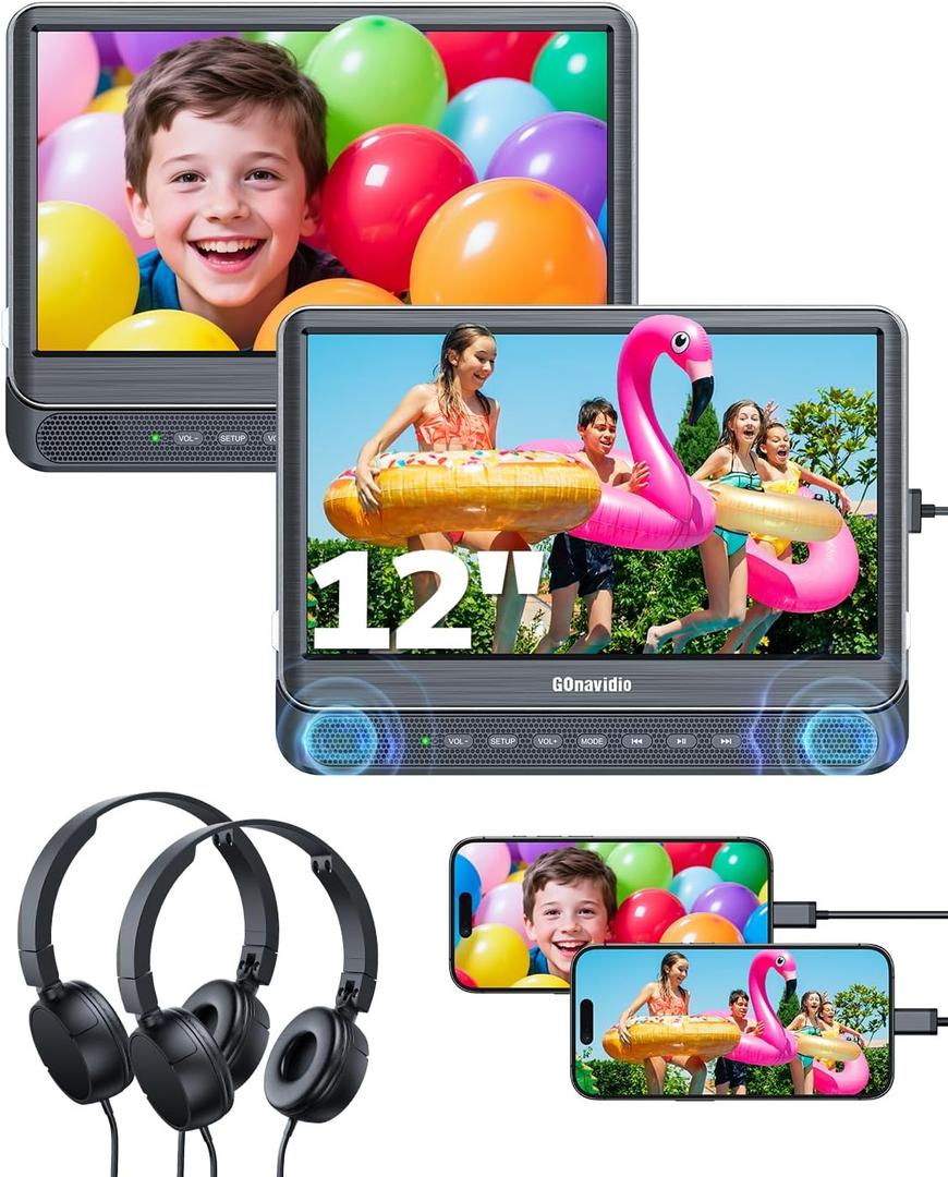 GOnavidio 12" Dual Car DVD Players with HDMI Input 2 Headphones, Headrest DVD Players for Kids Support Sync Screen, Play A Same or Two Different Movies, Region Free, USB/TF Card, No Battery