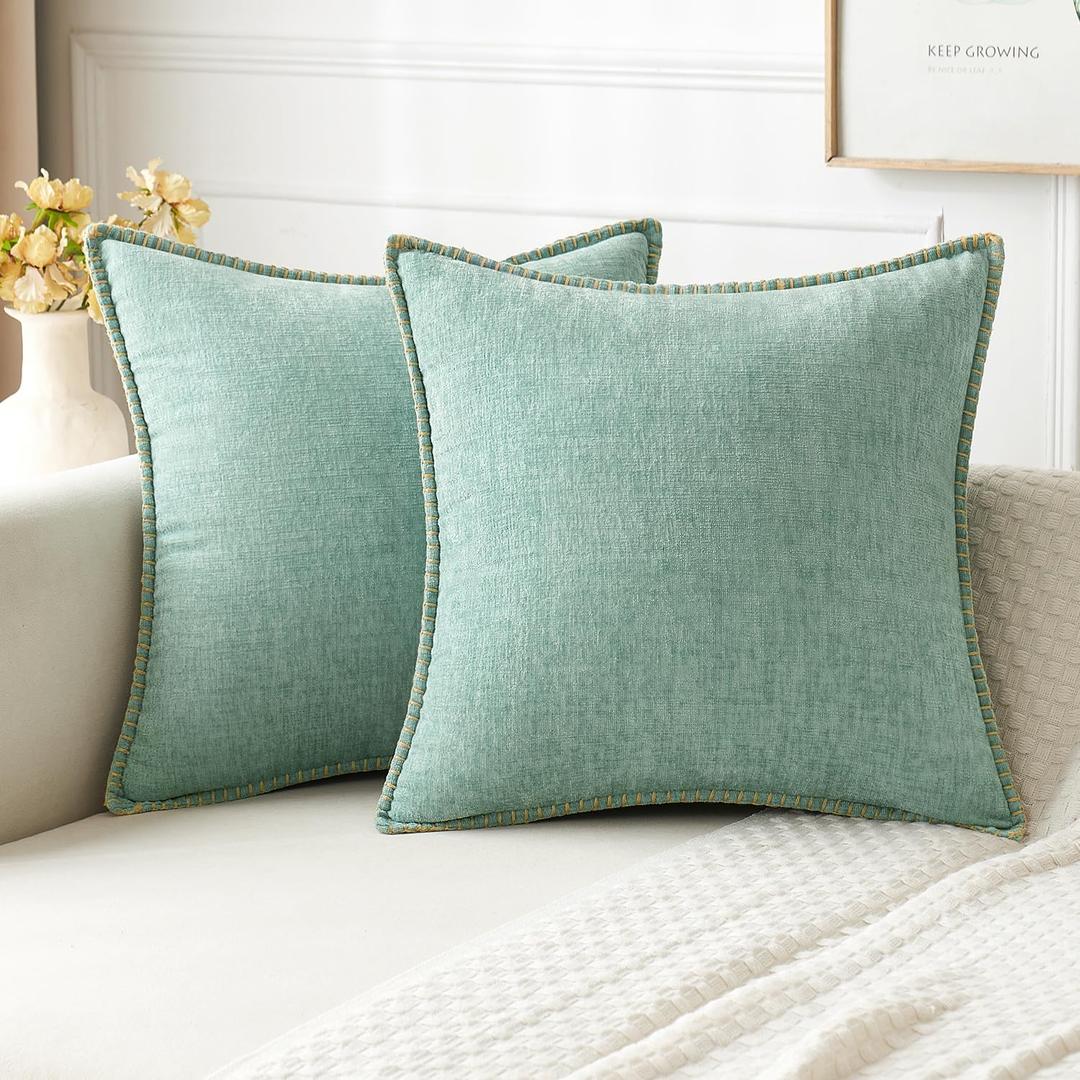MIULEE Pack of 2 Summer Throw Pillow Covers 20x20 Inch Aqua Green Farmhouse Decorative Pillow Covers with Stitched Edge Soft Chenille Solid Dyed Pillow Covers for Couch Sofa Bed Living Room