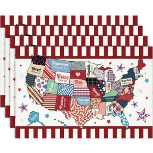 4th of July Placemats Set of 4, 12"x18" Patriotic Fourth of July Table Mats, American Flag Stars Memorial Day Place Mat for Independence Day Seasonal Holiday Kitchen Dining Table Decoration