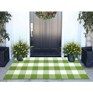 Buffalo Plaid Outdoor Rug 24''x51''Green and White Checkered Front Porch Rug Cotton Woven Washable Door Mat Outdoor for Layered Hello Welcome Door Mat Farmhouse Entryway