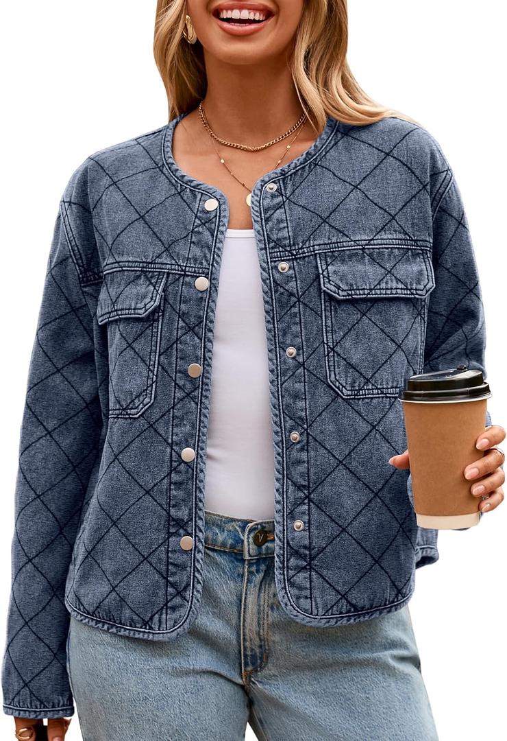 Glamaker Jean Jacket Women Denim Long Sleeve Button Down Diamond Quilted Lightweight Jackets Fall Winter Shacket Coats L