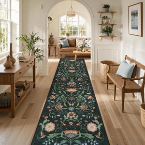Collive Boho Spring Floral Rugs Runners for Hallway, 2.6 x 10 Washable Long Kitchen Runner Rug Non Slip, Black Vintage Bath Mats Soft Low Pile Entryway Carpets for Indoor Entrance, Laundry, Bedroom